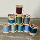 9 Vintage Wood Thread Spools Blue Green Teal Crafting Sewing Display Decorative