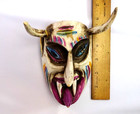 Vintage Miniature Horned Demon 6  Wooden Mask Creepy Carved Wooden Teeth Old Bh