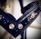 Custom Made Warmblood V-browband  Black Padded English Leather  Blue silver blk