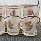 Vintage Mcm Libbey Frosted Glass Gold Leaves Tumblers Set Of 8 With Carrier