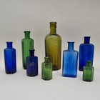 Antique Old Chemist Bottles Group Of 8 X Vintage Coloured Poison Lovely Display