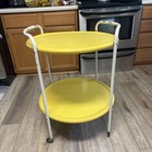 Vintage Mid Century Modern Yellow Round 2 Tier Rolling Metal Stand 1960 s