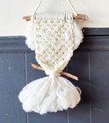 Vintage Mcm White Macrame Owl On Log Wall Hanging 