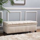 Storage Ottoman Bench Beige Linen Fabric Wood Legs Hinged Lid End Of Bed Seat