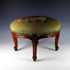 Antique American Carved Solid Mahogany Wood Footstool Needlepoint Bird