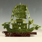 Chinese 100  Natural Jade Green Jade Carved Dragon Ship Sculpture 