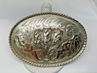Vintage Mexican Sterling Silver 10 K Gold 3  Horses Engraved Western Belt Buckle