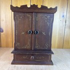 Antique Miniature Mahogany Sewing Spool Thread Cabinet With 2 Doors And Drawer
