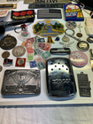 Junk Drawer Lot Vintage Patch Zippo Baseball Cards Knife Pipe Belt Buckle Stamps