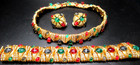 Mogul Red Blue Green Lucite Cabochon Rhinestone Necklace Bracelet Earring Set