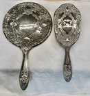 Heavy Vintage Silver Plate Vanity Mirror   Brush Set Ornate Floral Design 9 5 