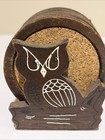 Vintage Mcm Owl Coaster Set Wooden Holder Caddy And 6 Cork Inset Coasters 1970s