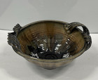 Vintage Signed Studio Art Pottery Large Bowl Green Drip Glaze Applied Handles