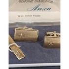 Anson Cufflink Tie Bar Set Gold Tone 12kt Gold Filled Genuine Diamond Starburst