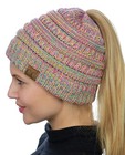  beanietail Soft Stretch Cable Knit Messy High Bun Ponytail Beanie Hat  Brigh   