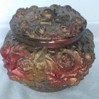 Vintage Antique Goofus Glass gilt Rose 3 1 2  Vanity Powder Puff Jar trinket Box