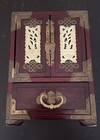 Chinese Handmade Red Wood Jewelry Box With Brass And Jade Inlay