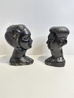 Vintage African Hand Carved Ebony Wood Bust Sculptures Tribal Head Set Of 2