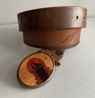 Vintage Wood Inlay Sailboat Sunset Brass Buckle Tooled Leather Belt Sz 37 - 41