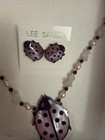 Vintage Lee Sands Ladybug Necklace And Earrings Set     Mother Of Pearl Inlay