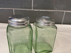 Vintage Large Green Glass Embossed Salt Pepper Shakers Lids Set