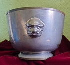 Vintage Asian Pewter Brass Inlay Planter Bowl Heavy Foo Dog Handles 9 