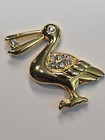 Pelican Lapel Pin Gold Color W  Clear Faceted Faux Jewels Lots Of Sparkle 
