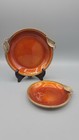 Vintage Evans Orange rust Hand Enameled Trinket Dish Set With Brass Leaf Edging