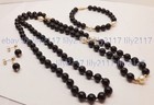 8mm Black Onyx Round Gems White Cultured Pearl Necklace Bracelet Earrings Set