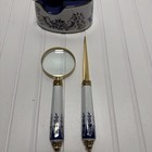 Cobalt Blue white Porcelain Tape Dispenser-magnifying Glass-letter Opener 