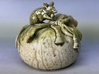 Y8759 Okimono Kiseto-ware Treasure Bag Mouse Figurine Signed Box Japan Antique