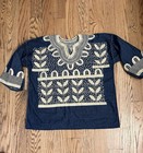 Maya Mexican Blouse Top Shirt Embroidered Flowers Corn Chiapas Dark Blue M 
