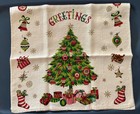Vtg 25   linen Kitchen Dish Towel Xmas Tree Print-ornaments-greetings-gold Accents