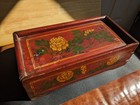 Antique Chinese Red Painted Wood Sliding Lid Scholar s Box Yellow Chrysanthemum