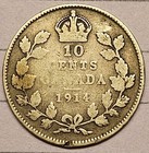 1914 Canada Dime Fine Silver Coin - Canadian 10 Cents