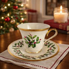 Lenox Holiday Dimension Teacup   Saucer Holly Berry Gold Trim     Excellent