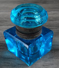 Antique Peacock Blue Diamond Shaped Faceted Cut Crystal Ink Well