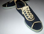 Vintage Navy Blue Canvas Wedgie Ladies Shoes lace Up Ca 40 s-50 s  size 8  