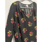 Womens Black Floral Long Sleeve V-neck Rayon Blouse Shirt Boho