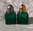 Vintage Miniature Green Glass Silver gold Top Salt   Pepper Shakers