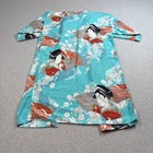 Vintage Japanese Kimono Woman L Teal Blue Floral Geisha Robe Loungewear Cotton