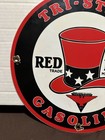 Vintage  Tri-star Gasoline Red Hat Porcelain Sign  11 3 4    Diameter 