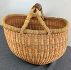 African Bolga Market Basket 16  Large Woven Storage Tote Leather Handle Vintage