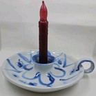 Classic Vintage Chamberstick Candle Holder Ceramic Grey Hand Painted Blue Floral
