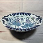 Decorative Serving Bowl Blue Grape Vine Bird Design Scalloped Edge