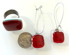 Modernist Red Fused Glass Jewelry Set 4pc Collar Necklace Pendant Earrings Ring