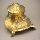 Antique Art Nouveau Washington Capital Relief Brass Inkwell     Milk Glass Insert
