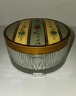 Vintage Art Deco Ribbed Glass Powder Vanity Jar Floral Lid 2    3 5  