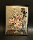 Pair Vtg Convex Bubble Glass Floral Picture W  Bird Silhouette 4x5    Metal Frame
