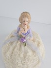 Antique Porcelain Half Doll Victorian Pincushion Blonde Purple Bow 
